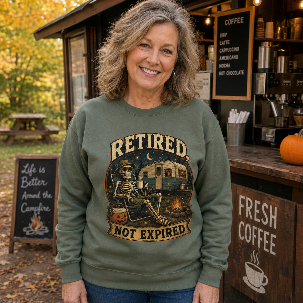 Retired Not Expired Camping Halloween Skeleton Shirt