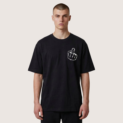 TrendyShift.Com black heavyweight cotton t-shirt featuring a white middle finger graphic on the chest