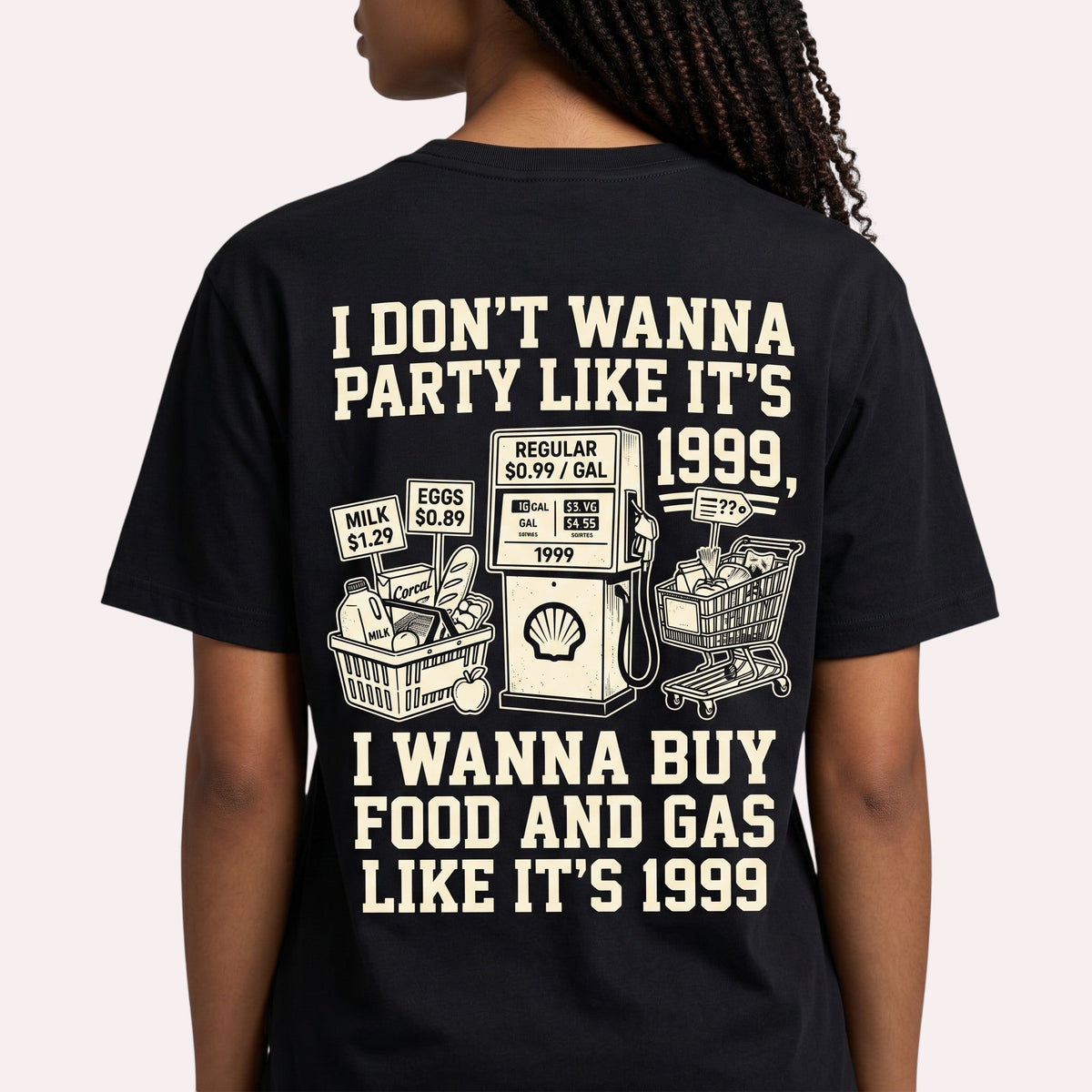 TrendyShift.Com black t-shirt featuring a back print about 1999 food and gas prices with vintage grocery graphics.
