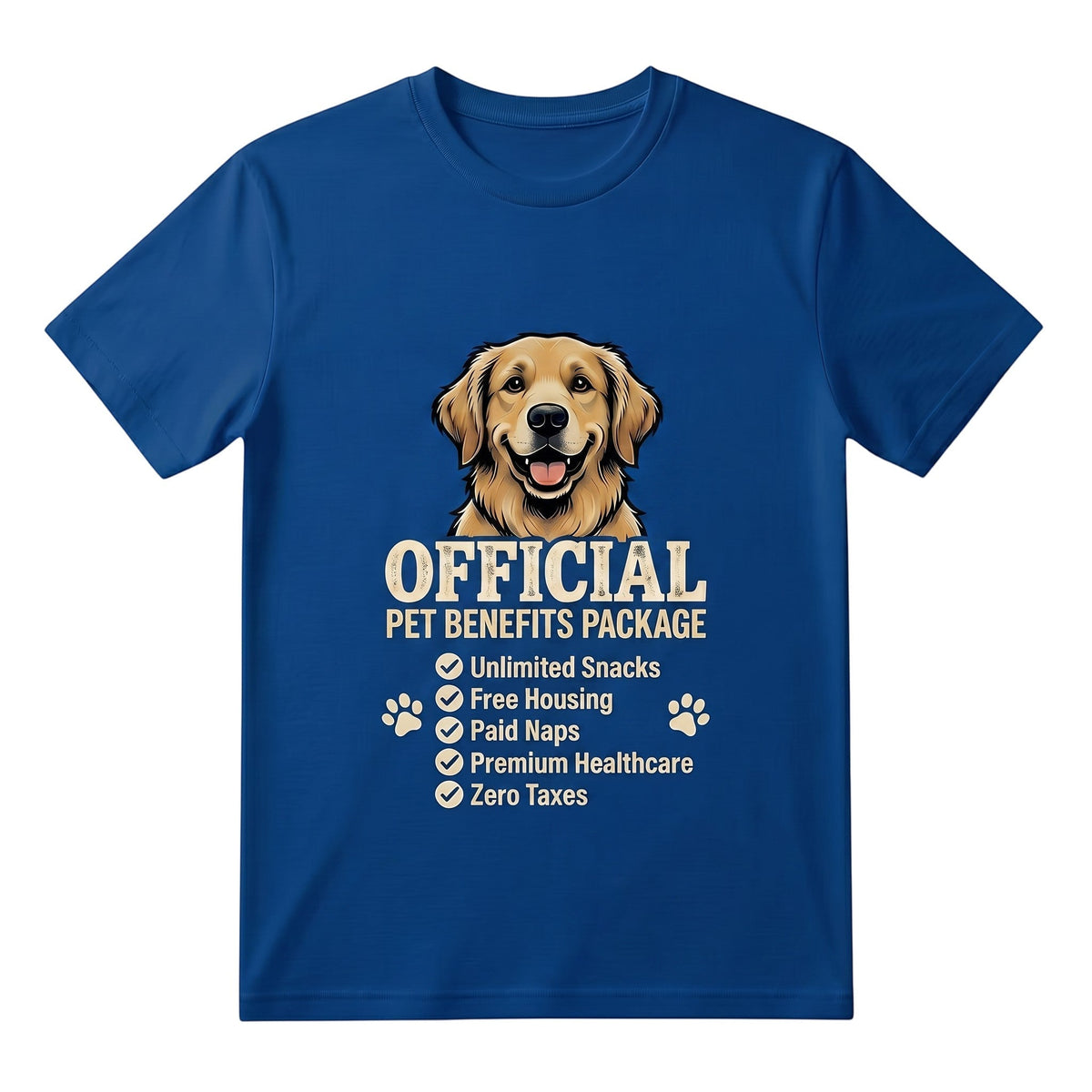 TrendyShift.Com blue cotton t-shirt featuring a golden retriever and Official Pet Benefits Package graphic design.