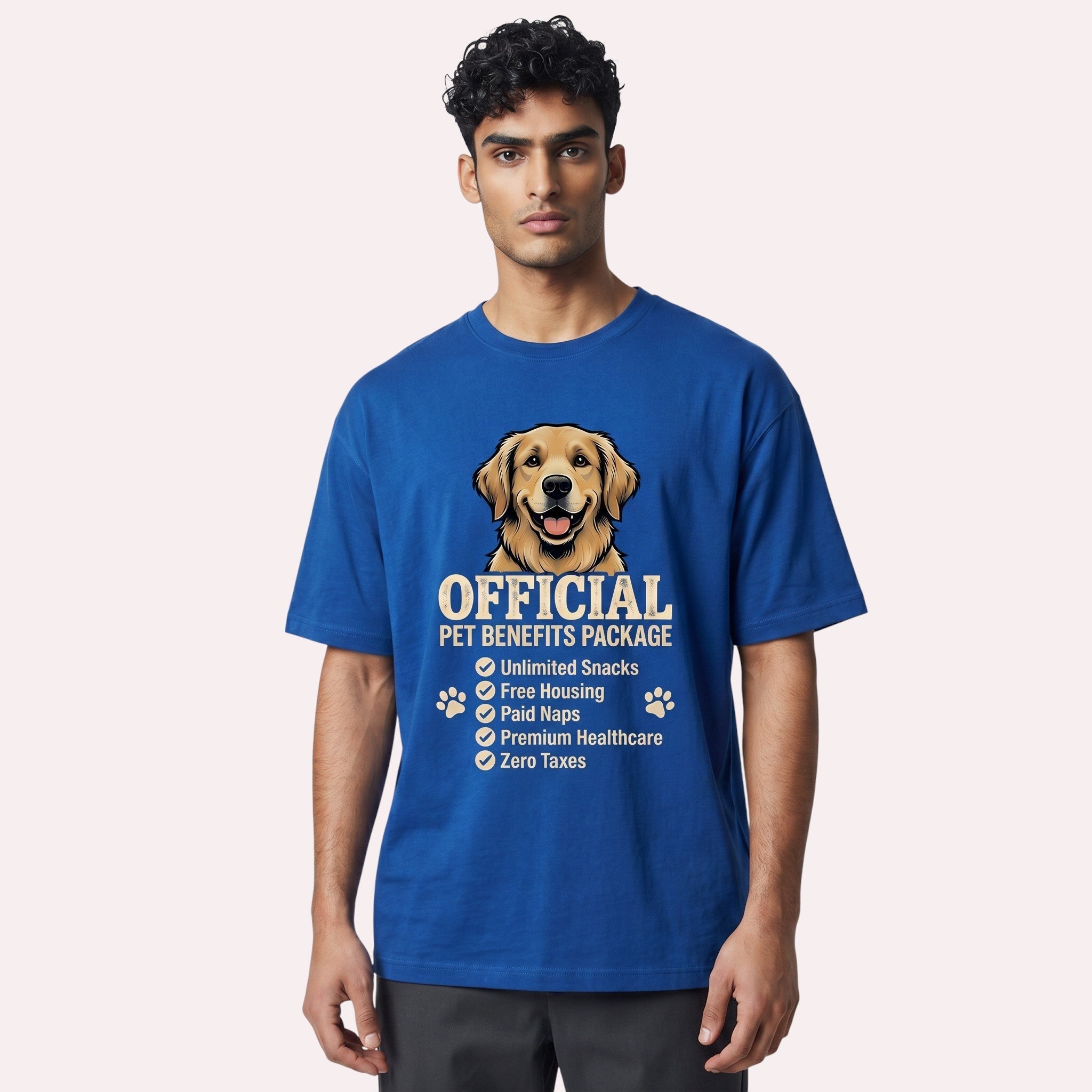 TrendyShift.Com blue heavy cotton unisex t-shirt featuring a golden retriever and Official Pet Benefits Package text