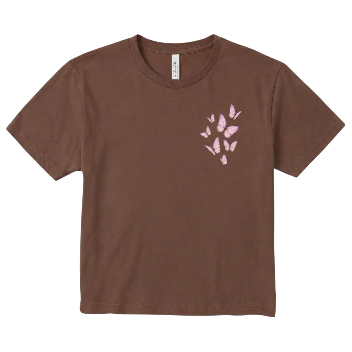 TrendyShift.Com brown cropped crewneck t-shirt featuring a delicate pink butterfly graphic on the chest.