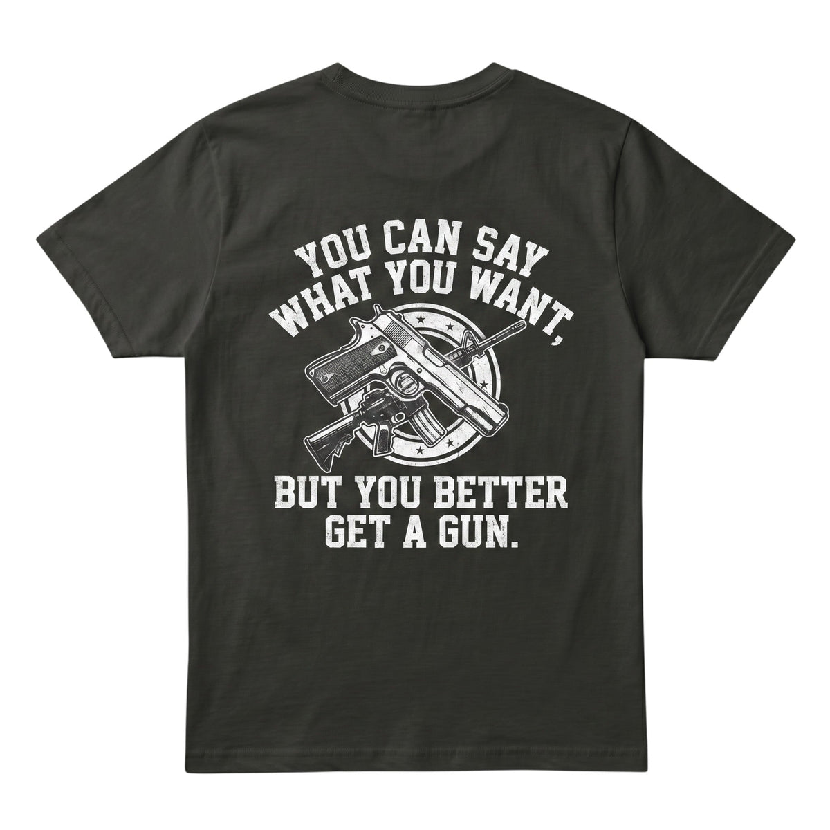 TrendyShift.Com charcoal grey cotton t-shirt featuring a white graphic print of a gun and bold text on the back.