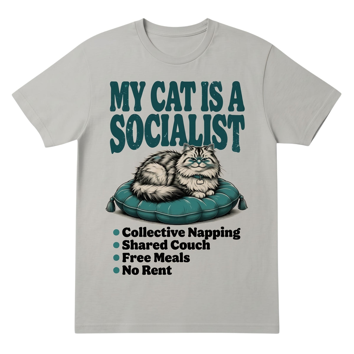 TrendyShift.Com grey cotton graphic tee featuring a cat on a cushion with the text My Cat Is a Socialist