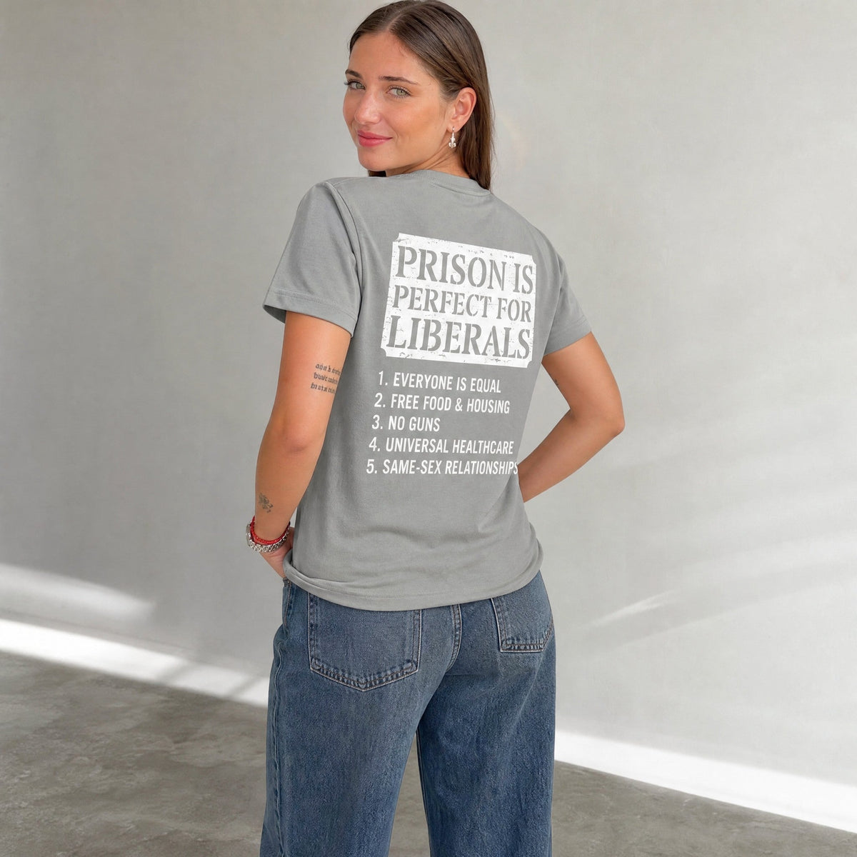 TrendyShift.Com grey unisex cotton t-shirt with back graphic print featuring political satire list text