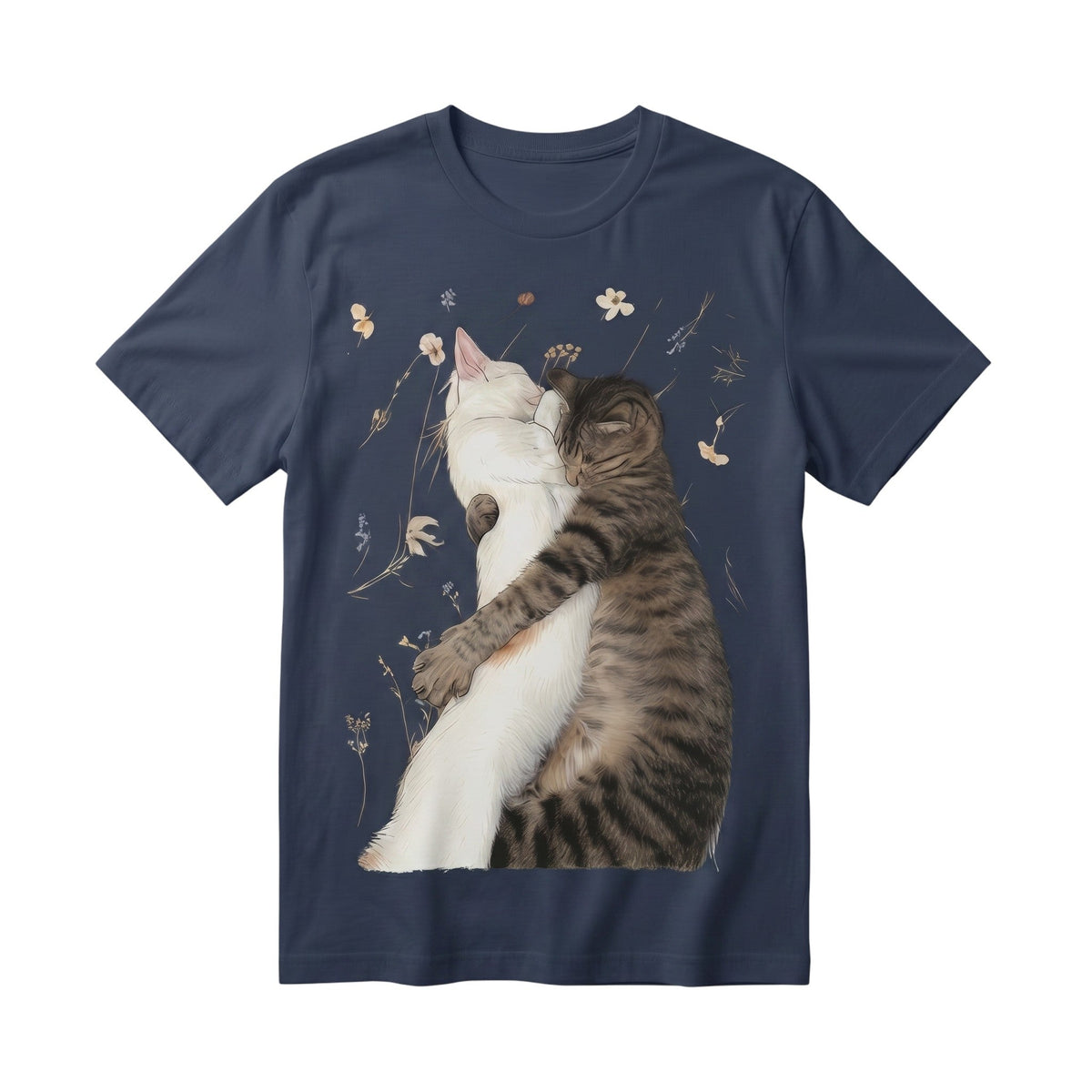 TrendyShift.Com navy blue 100% cotton t-shirt featuring a graphic illustration of two cats hugging among wildflowers.