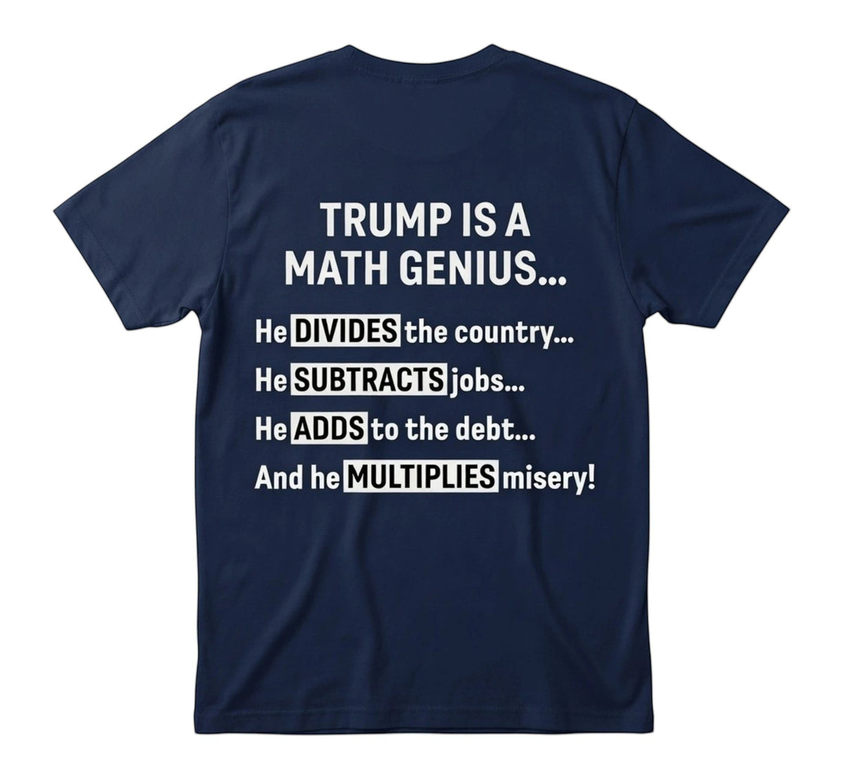 TrendyShift.Com navy blue unisex t-shirt featuring bold white text about political math and social commentary.
