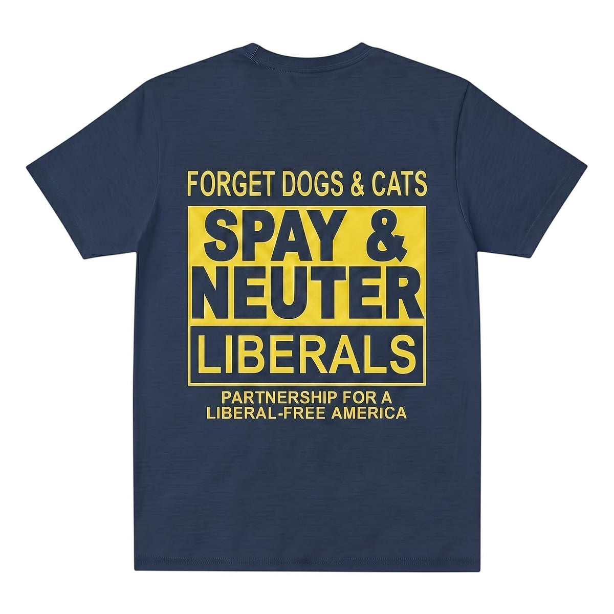 TrendyShift.Com navy blue t-shirt with bold yellow political satire text print on the back