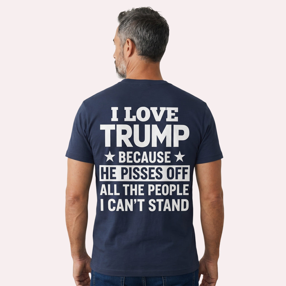 TrendyShift.Com navy blue unisex t-shirt with white back print featuring political text and star accents