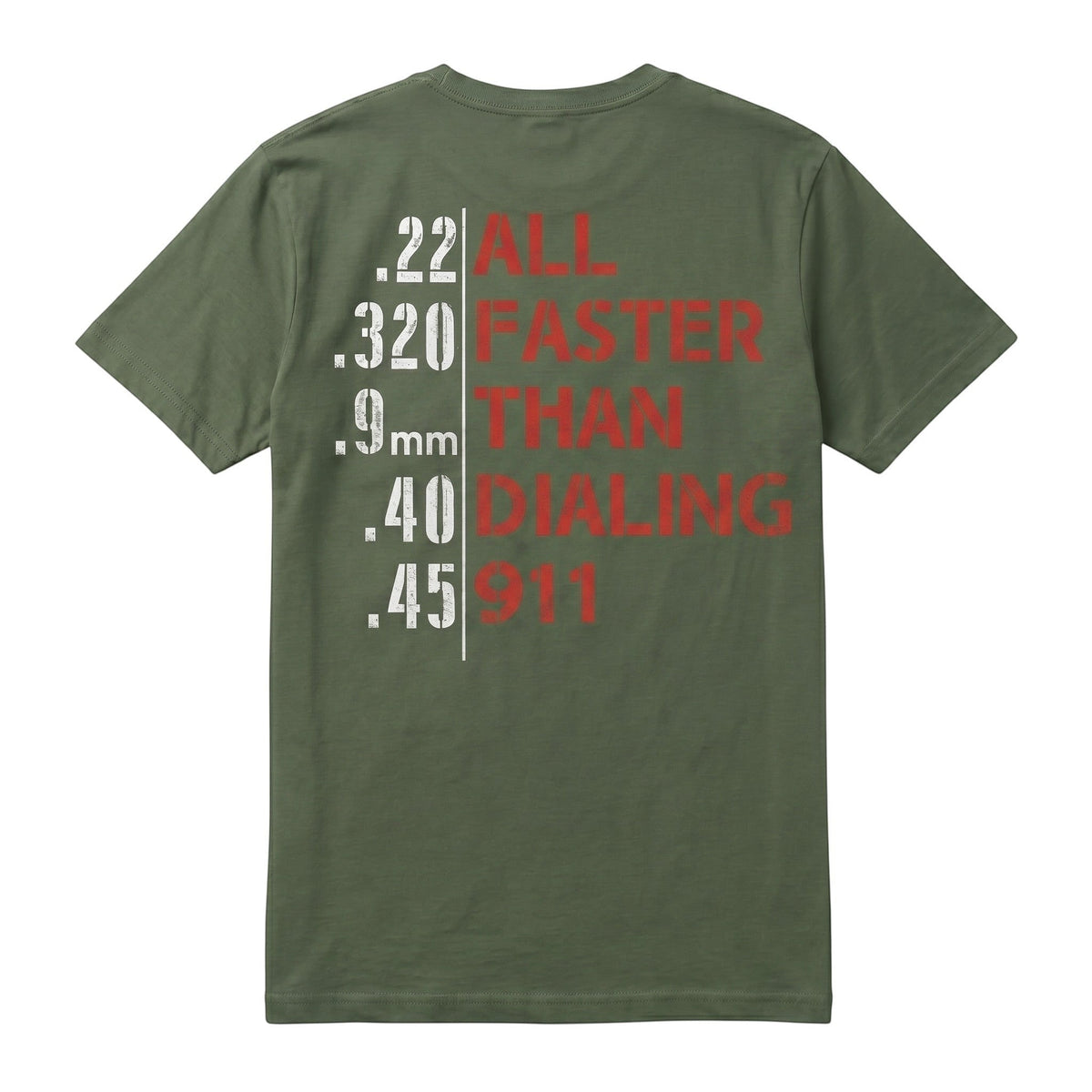 TrendyShift.Com olive green unisex t-shirt with red and white graphic print on the back featuring firearm calibers