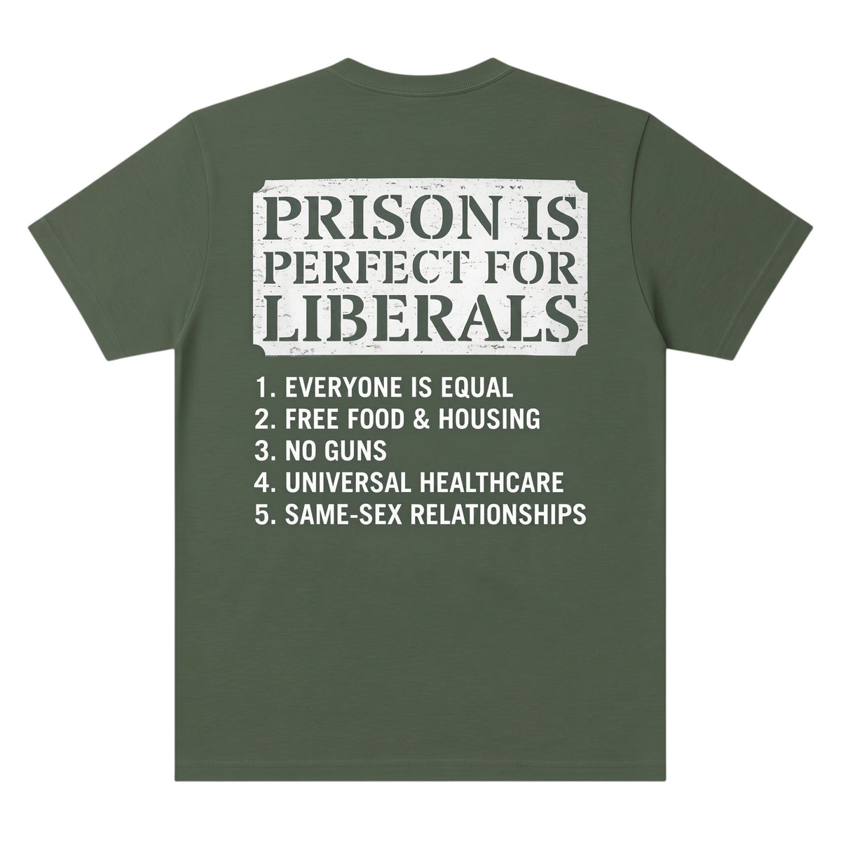 TrendyShift.Com olive green unisex cotton t-shirt featuring a satirical political graphic print on the back.