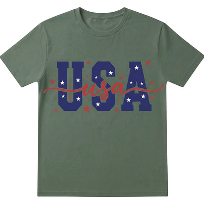 TrendyShift.Com olive green unisex cotton t-shirt featuring a blue USA graphic with white stars and red script accent.