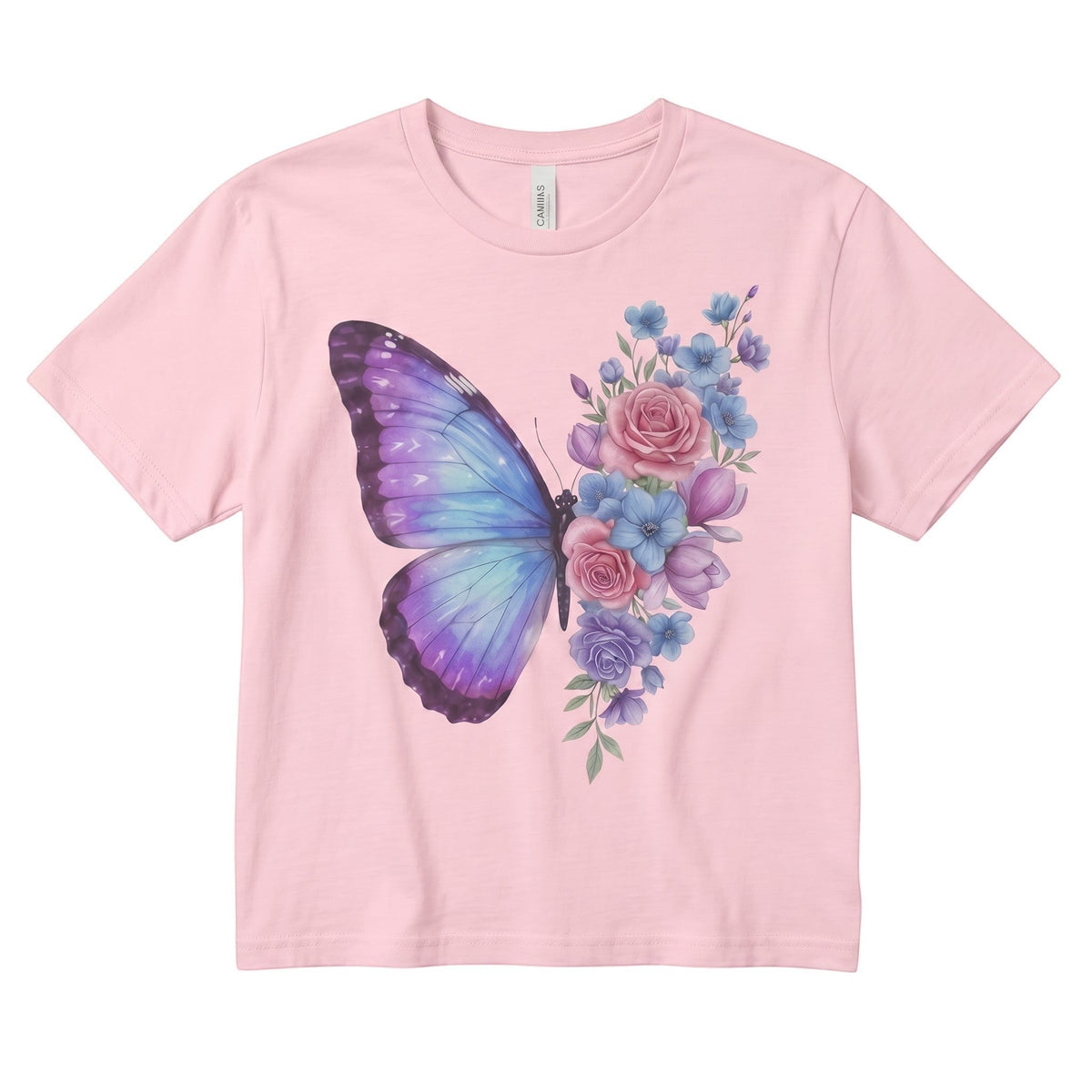 TrendyShift.Com light pink micro rib baby tee featuring a pastel butterfly and floral rose design for a cottagecore look.