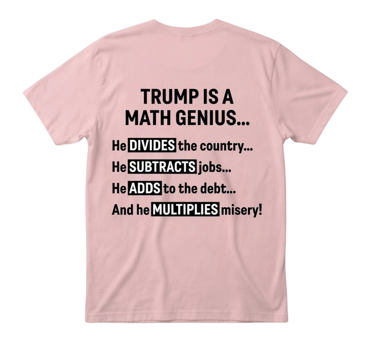 TrendyShift.Com light pink unisex t-shirt with black text about political math on the back