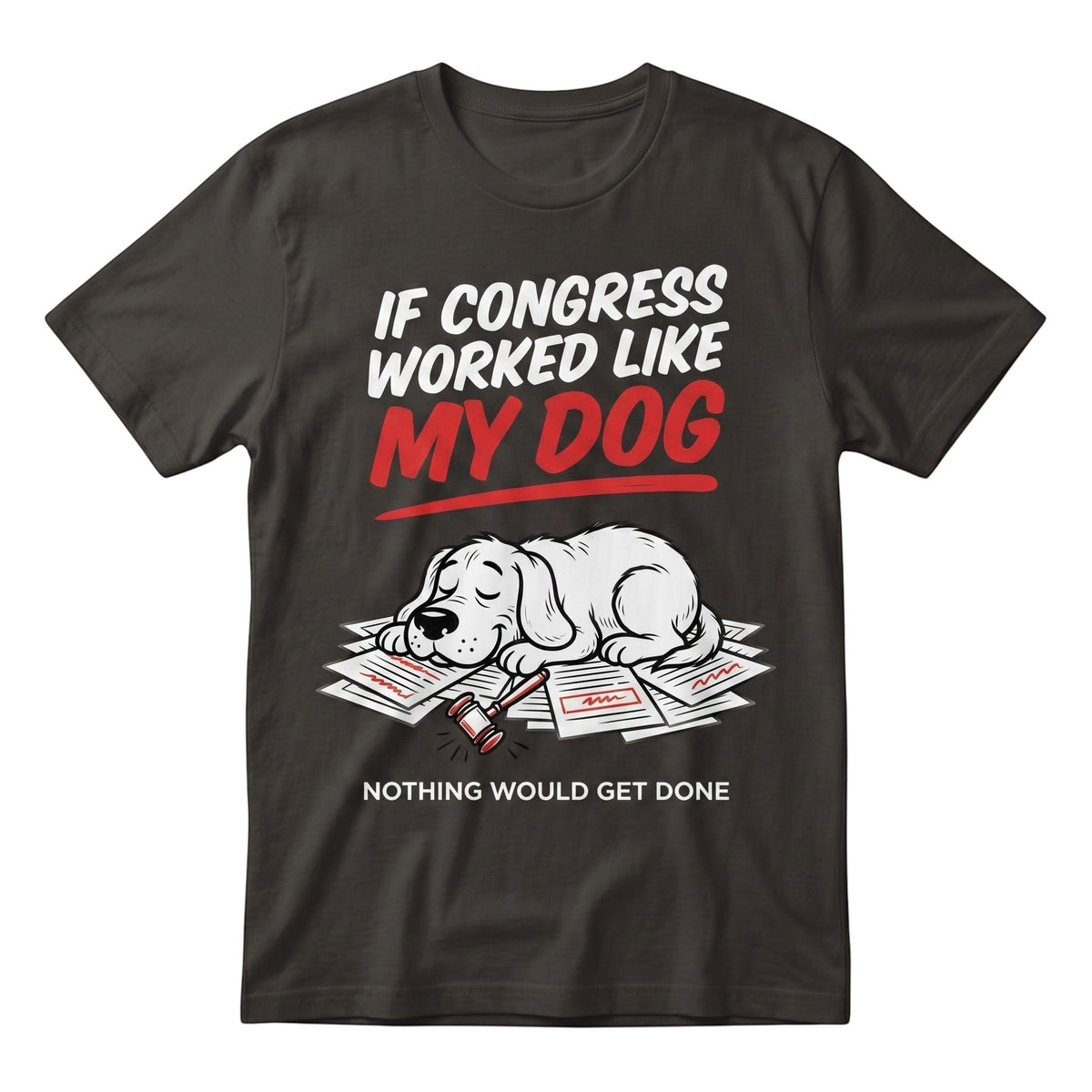 TrendyShift.Com charcoal grey heavy cotton t-shirt with a funny political satire graphic of a sleeping dog on paperwork.