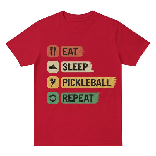TrendyShift.Com red unisex cotton t-shirt featuring an Eat Sleep Pickleball Repeat graphic print design.