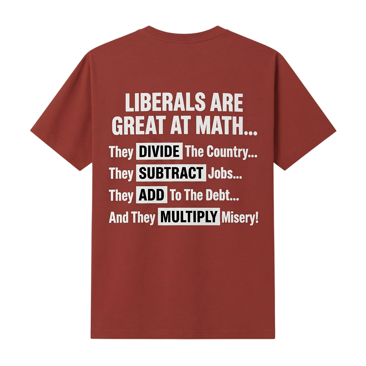 TrendyShift.Com red t-shirt featuring white text with political math-themed satire on the back