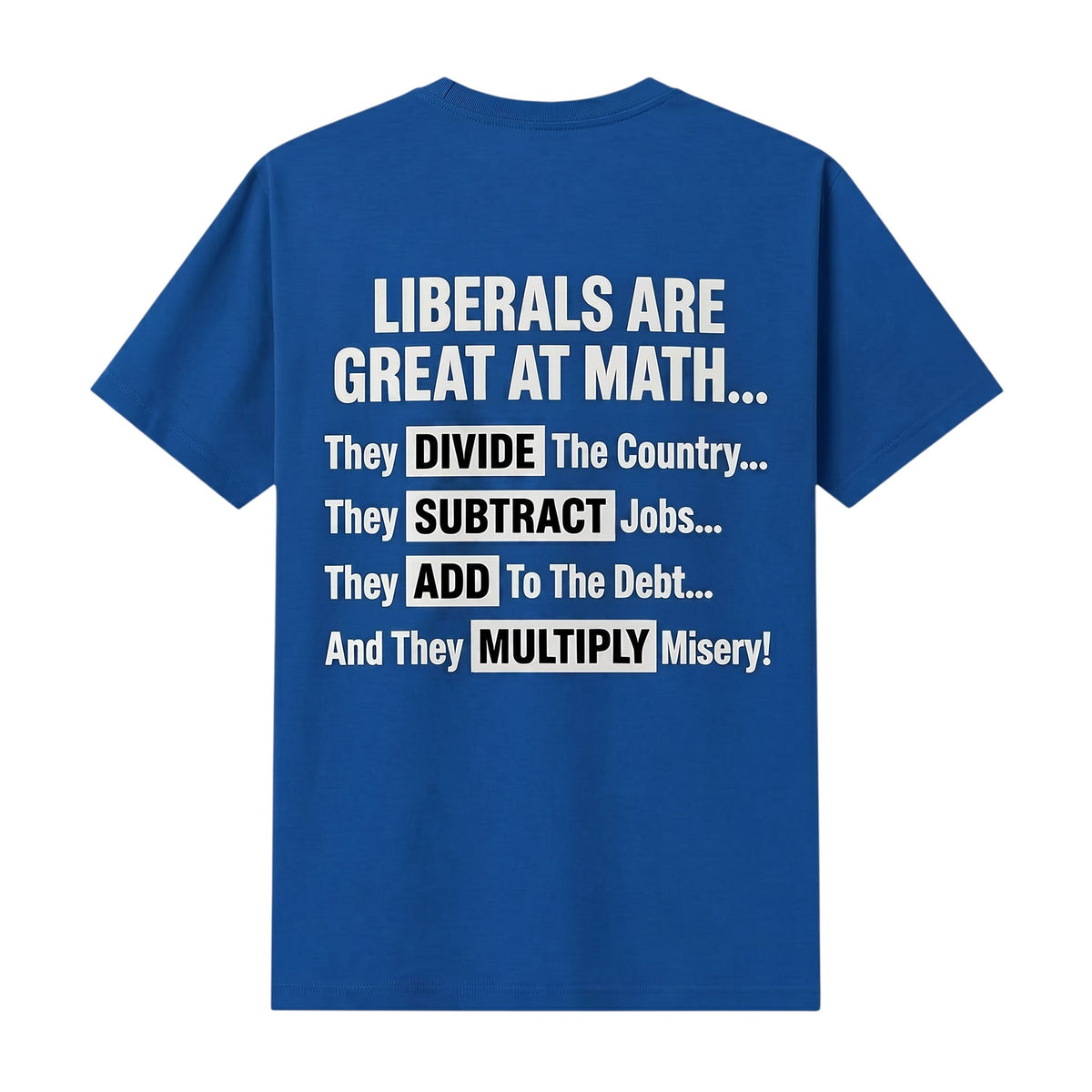 TrendyShift.Com royal blue t-shirt featuring white political text about math on the back
