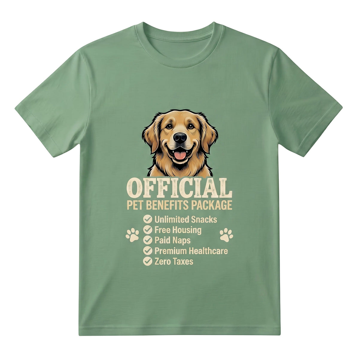 TrendyShift.Com sage green cotton t-shirt featuring a golden retriever and Official Pet Benefits Package graphic.