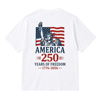 TrendyShift.Com white cotton t-shirt featuring a back graphic of the Statue of Liberty and American flag for 250 years