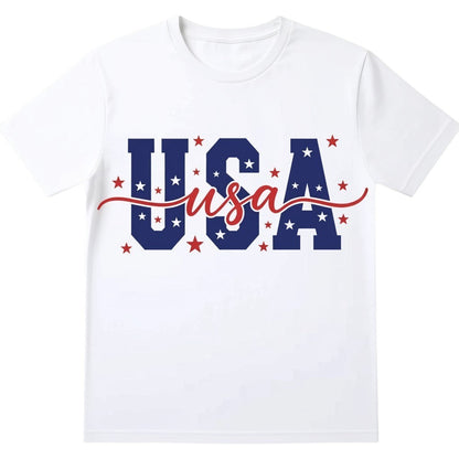TrendyShift.Com white unisex cotton t-shirt featuring a bold blue USA graphic with red and white patriotic stars.