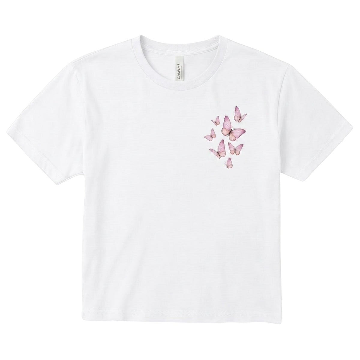 TrendyShift.Com white cropped crewneck t-shirt featuring a delicate pink butterfly graphic on the chest.