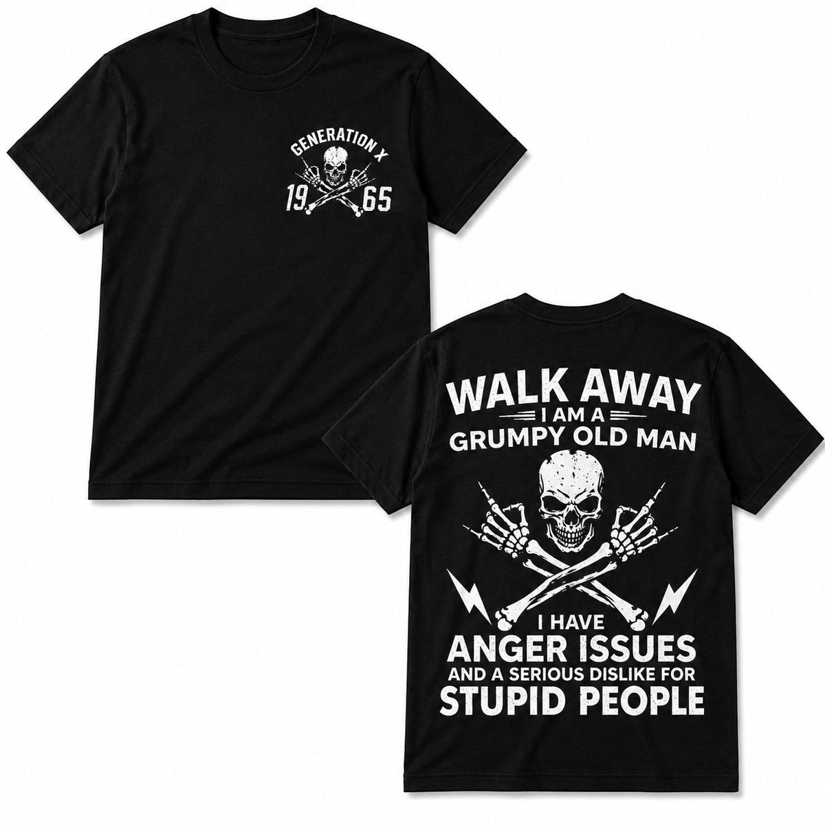 WearTheJoke.com black cotton t-shirt with Generation X 1965 skull graphic on front and grumpy old man text on back