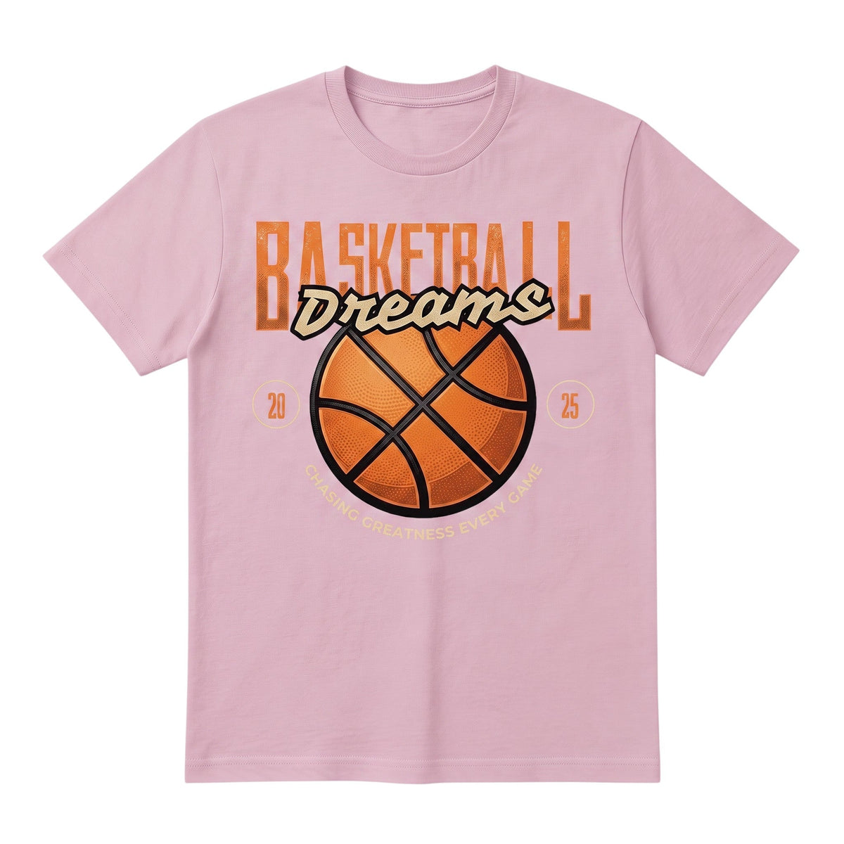 WearTheJoke.com light pink basketball graphic t-shirt with Chasing Greatness Every Game text and basketball illustration.