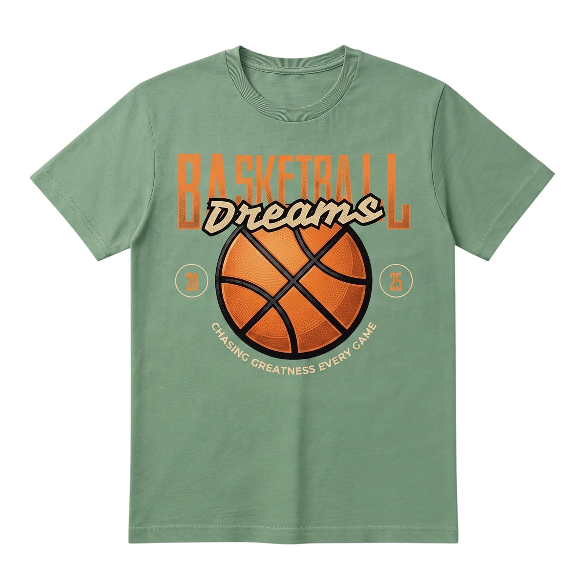 WearTheJoke.com sage green cotton t-shirt with a basketball graphic and Chasing Greatness Every Game text
